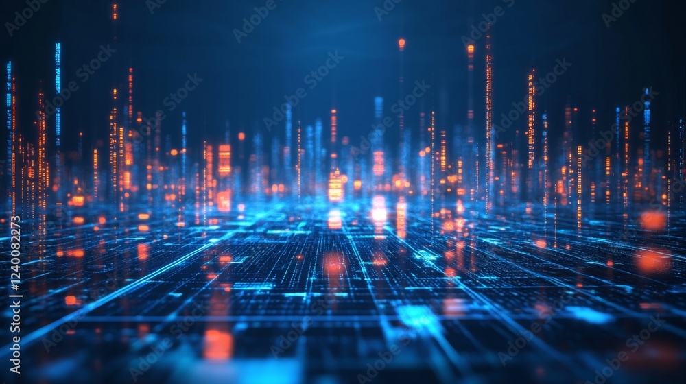 Aufkleber A futuristic digital landscape with illuminated lines and data particles, evoking a sense of advanced technology and connectivity.