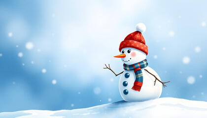Fototapeta premium little snowman on soft snow on blue background, watercolor. isolated with white shades