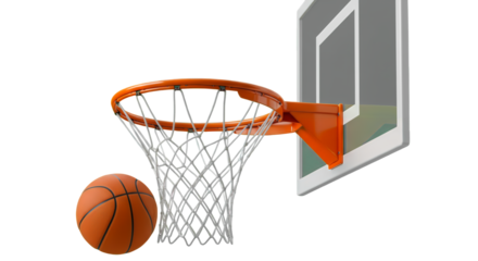 Orange Basketball about to Score a Goal Through the Hoop isolated on white or transparent png background