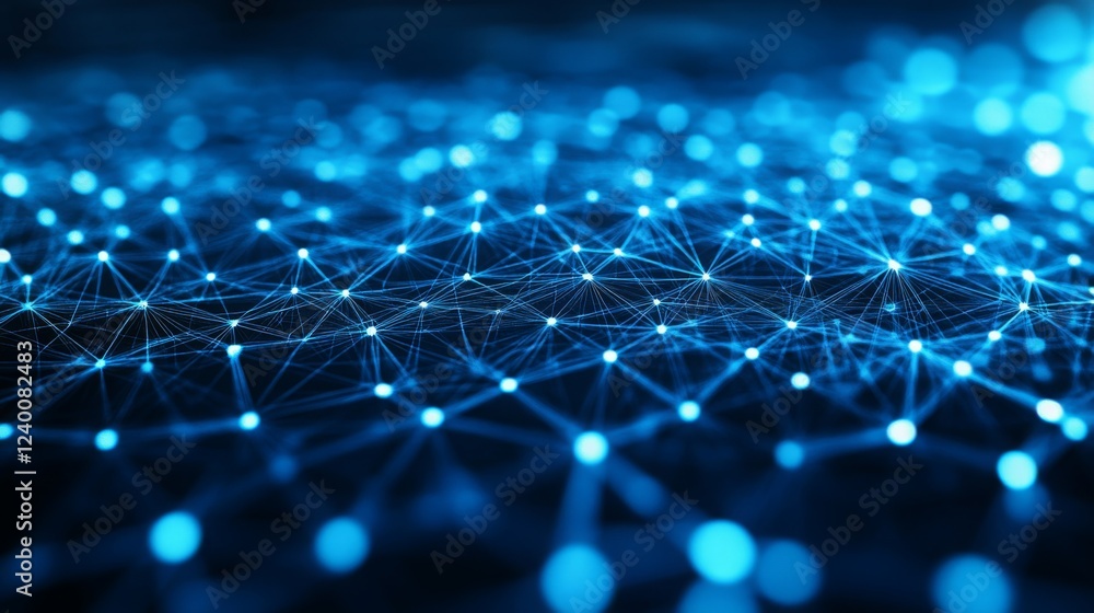 Poster a digital network with interconnected nodes and lines, illuminated in various shades of blue, creati