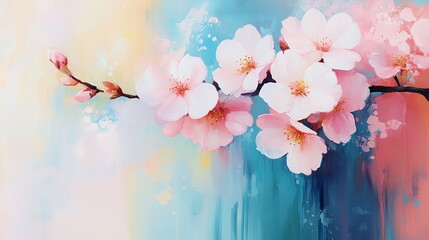 A painting of a pink flower with a blue background