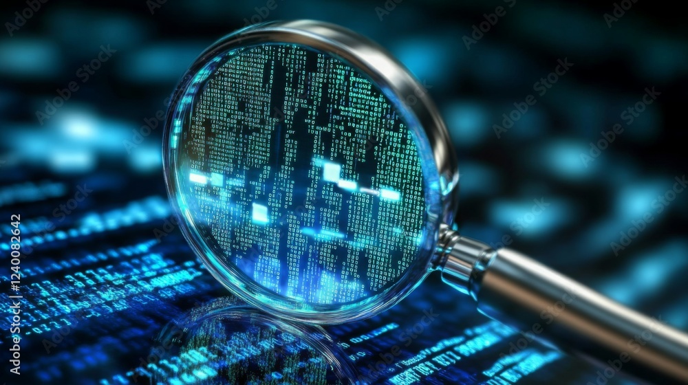 Poster a magnifying glass focuses on flowing binary code, symbolizing data analysis, technology, and digita