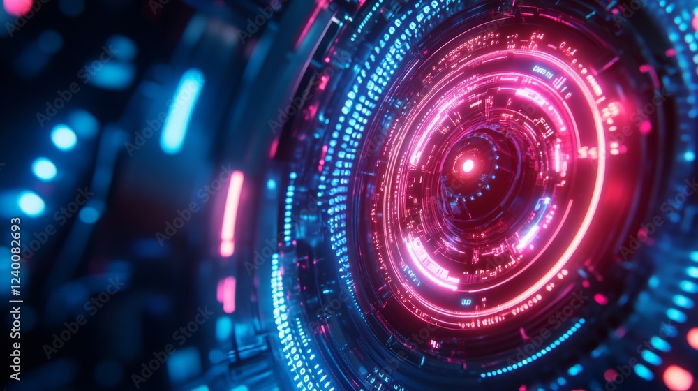 Poster a vibrant, futuristic digital design featuring glowing circular patterns in shades of pink and blue,