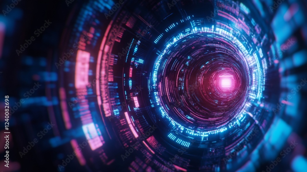 Poster glowing circular tunnel with vibrant blue and pink digital patterns, suggesting a futuristic or tech