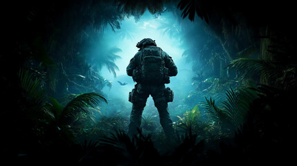 Into the Green: A soldier, silhouetted against a mysterious, moonlit jungle, stands ready for action, their determination etched in their posture.