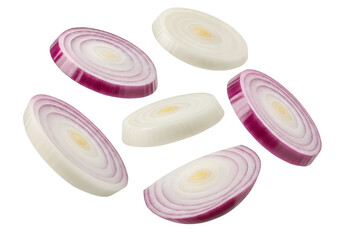 Red onion slices flying in the air, perfect for food photography. isolated on white or transparent png background
