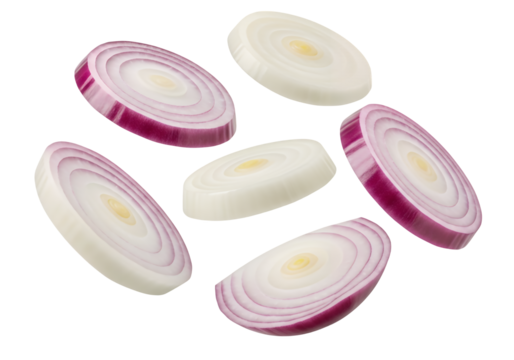 Red onion slices flying in the air, perfect for food photography. isolated on white or transparent png background