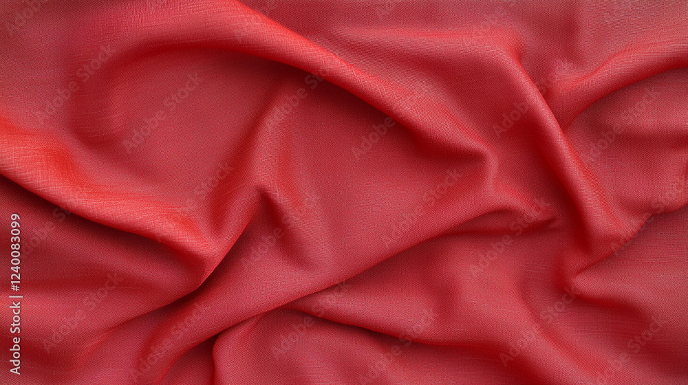 Poster red fabric drape: a close-up view of a luxurious, smooth, crimson red fabric draped in elegant folds