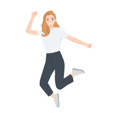 Joyful Jumping Woman. Radiating happiness, excitement, and positive energy. Flat vector illustration isolated on white background