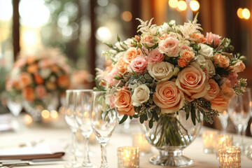 An elegantly decorated wedding reception with floral centerpieces, soft lighting, and romantic table settings for guests.