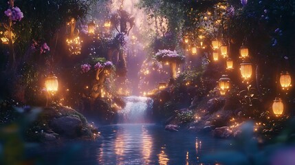 Fototapeta premium Enchanting Forest Stream with Glowing Lanterns and Flowers