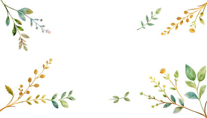 Watercolor Gold glitter arrangements with leaves, herbs. Herbal illustration. Botanic composition for wedding, greeting card. Watercolor wreathes and frames, cinematic. isolated with white shades