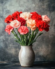 Obraz premium Colorful carnation bouquet in a rustic vase on a textured surface with a moody backdrop