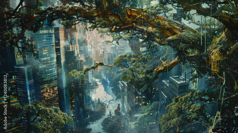 Poster craft an oil painting showing a close-up of a fantastical cityscape where nature intertwines with cy