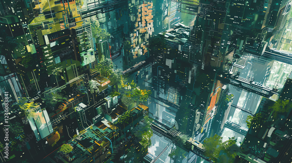 Poster craft an oil painting showing a close-up of a fantastical cityscape where nature intertwines with cy