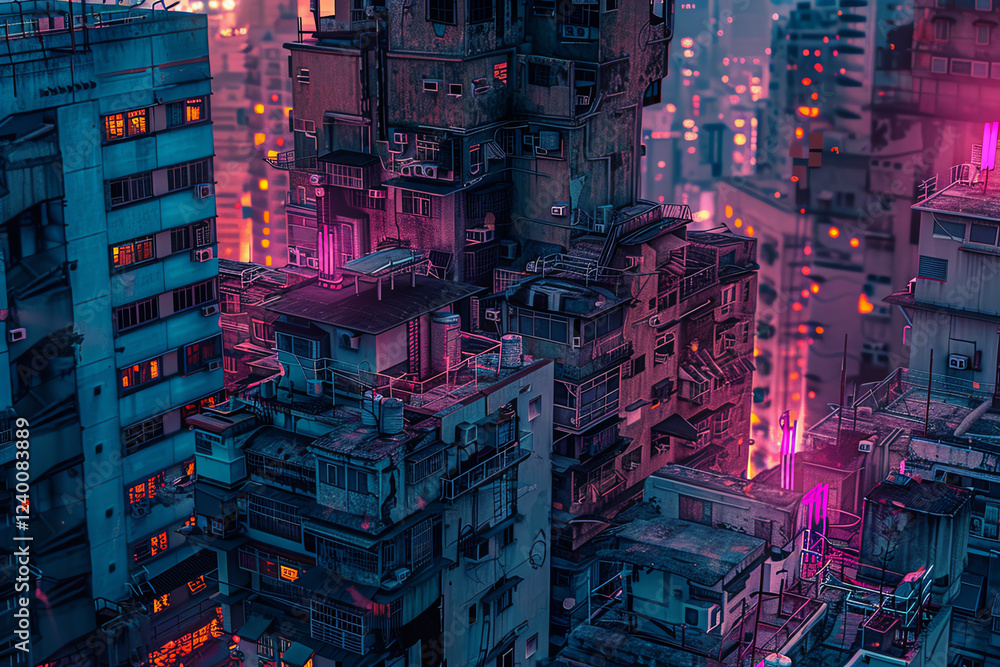Poster create a pixelated mosaic of a futuristic cityscape seen from above, blending neon lights with crumb