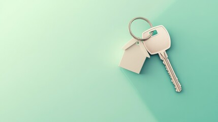 House key on teal background, new home ownership concept