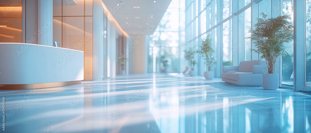 Poster bright modern lobby with reception desk and large windows creating a peaceful atmosphere
