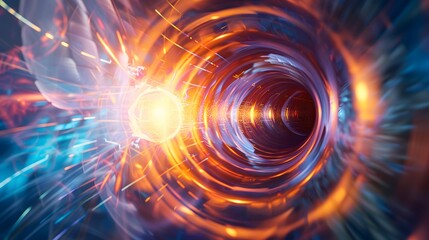 Obraz premium Close-up of glowing, swirling quark plasma in a futuristic laboratory, showcasing vibrant colors and dynamic energy patterns. Scientific research and advanced technology concepts