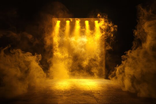 Vibrant yellow smoke and intense spotlight effects on a stage, offering a lively setting for product showcases or concert designs.