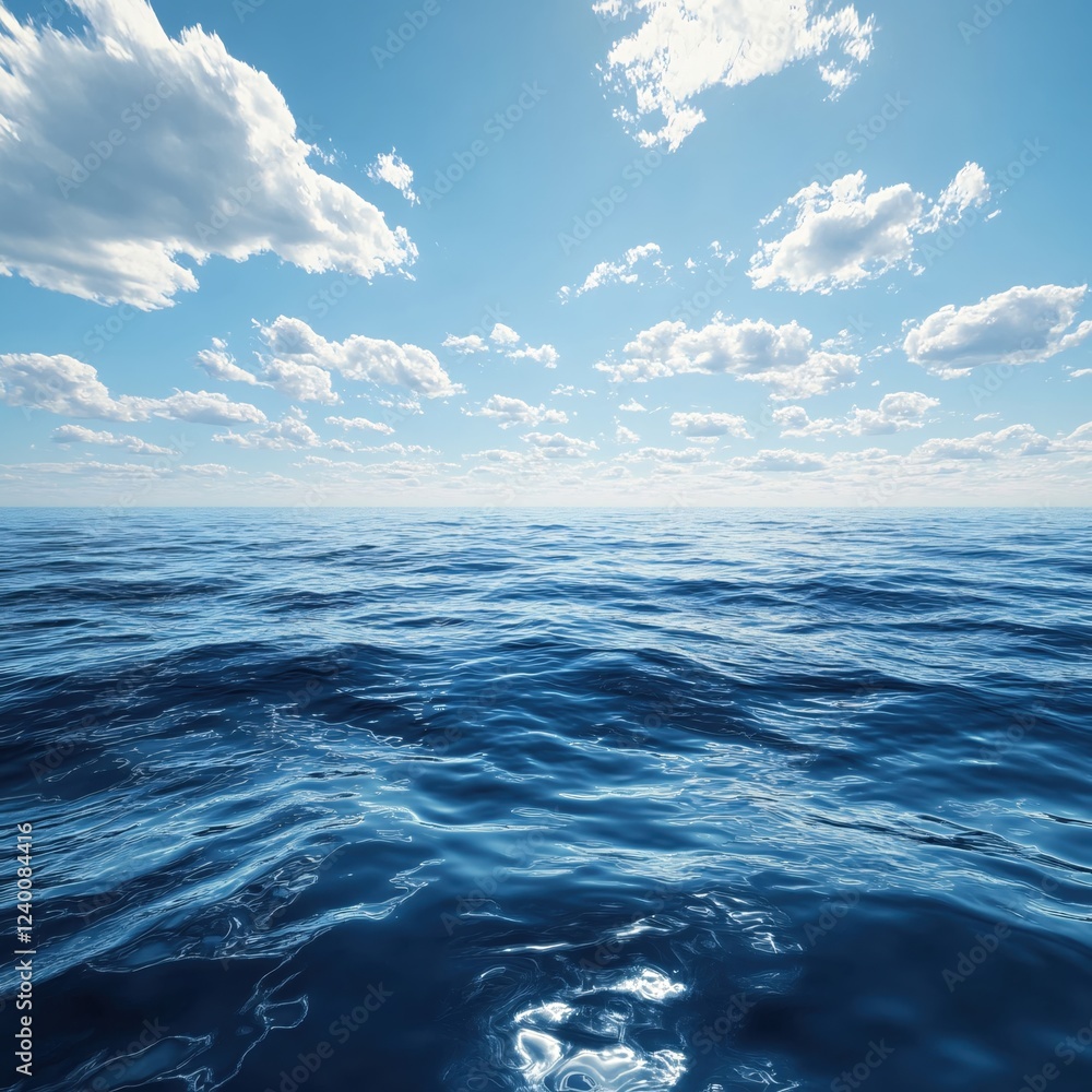 Poster serene ocean view with bright sky and fluffy clouds creating a peaceful and calming atmosphere