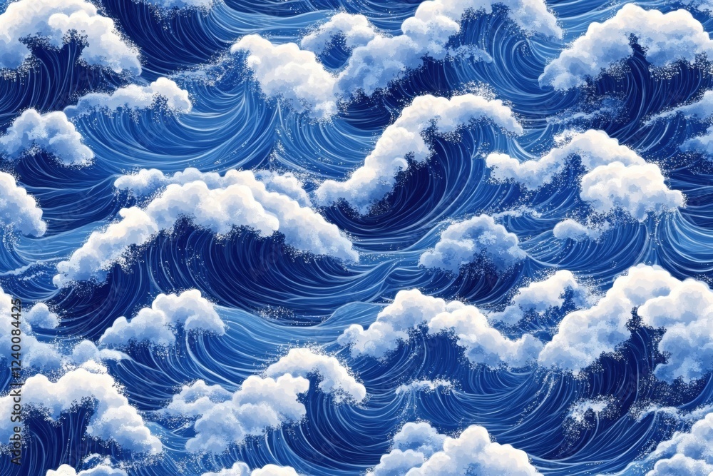Poster dynamic ocean waves with white foam crests create a beautiful and calming seamless pattern