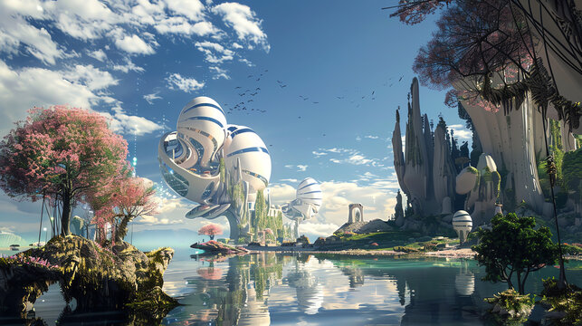 Design a photorealistic scene of a utopian dreamscape, featuring nanotechnology landscapes in intricate detail Utilize digital rendering techniques to bring out the essence of a futuristic paradise, w