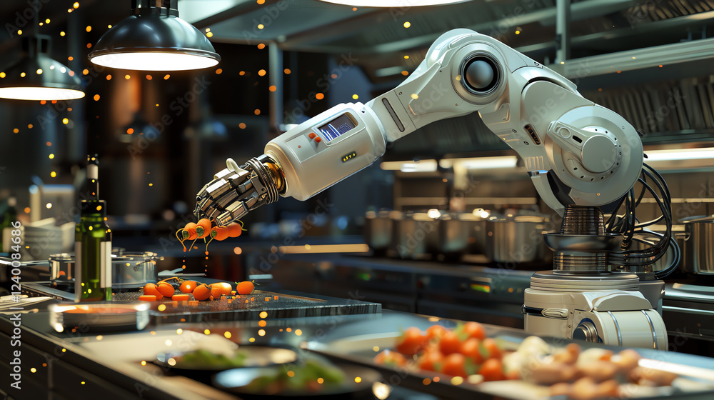 Poster dive into the kitchen of the future! showcase a robot chef in action using cg 3d rendering, capturin