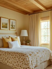 Serene Bedroom With Wooden Beams And Floral Bedding