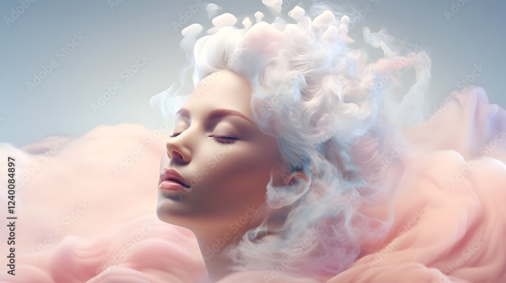 Poster this surreal and ethereal image depicts a tranquil and contemplative state of mind with soft clouds 