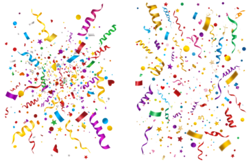 Colorful confetti and streamers explosion isolated on white or transparent png background
