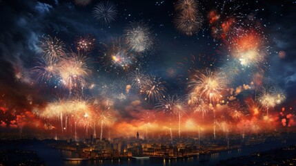 Obraz premium 夜空輝く打上花火イラスト,Generative AI AI画像