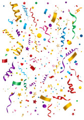 Colorful Confetti and Streamers Falling isolated on white or transparent png background