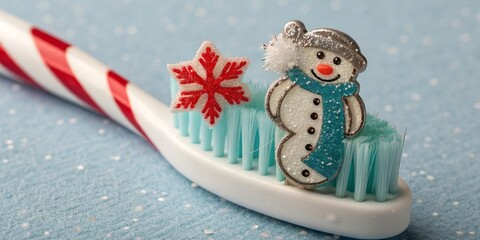Candy Cane Toothbrush with Snowman and Snowflake, Winter Oral Hygiene, Festive Dental Christmas, toothbrush