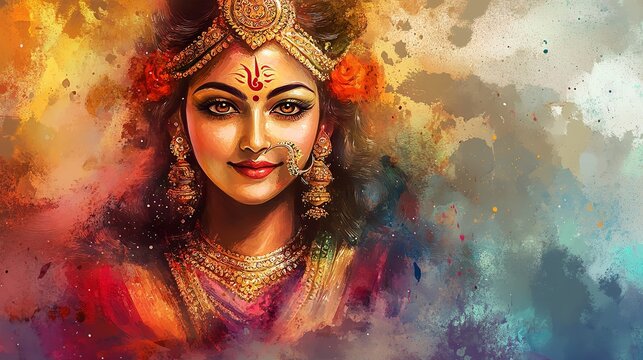 Happy Indian Religion Festival Maa Durga face Durga Pooja Navratri Banner Card Holding Design