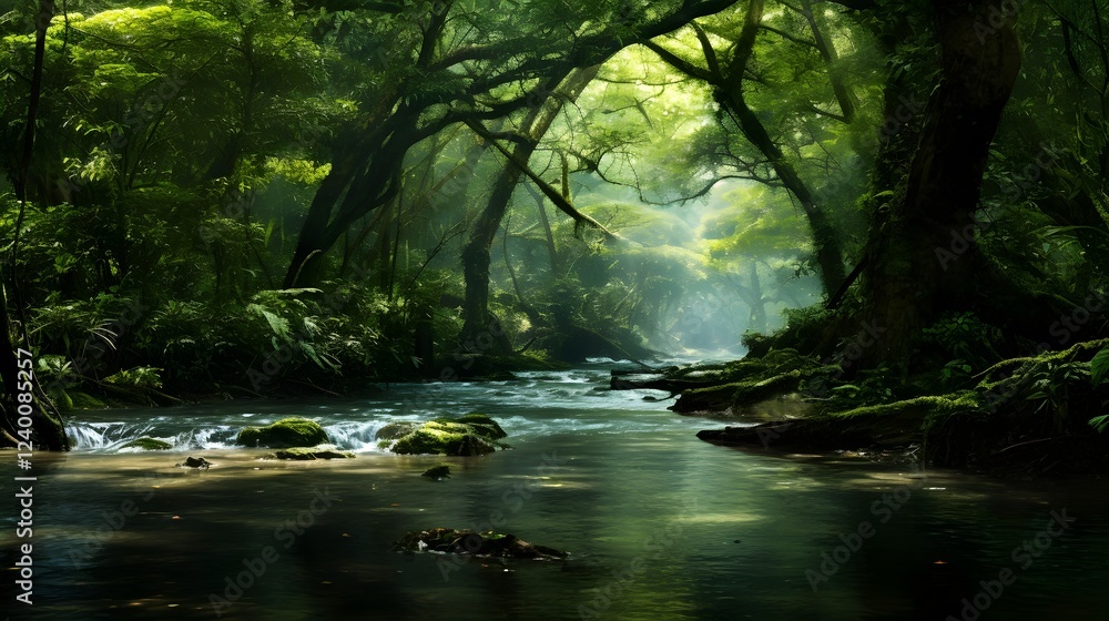 Poster tranquil meditative landscape showcasing a peaceful river or stream flowing through a serene mountai