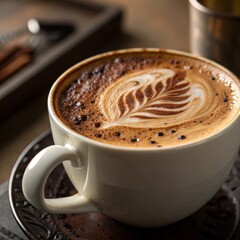 Close-up Latte Art Creamy Coffee with Leaf Design, High-Key Lighting, White Cup, Coffee Beans, latte art, coffee photography