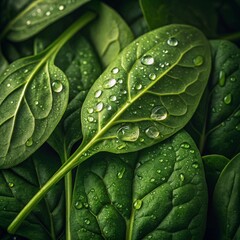 Fototapeta premium Dew-Kissed Spinach Leaves Macro Photography of Lush Green Foliage, Nature, Texture, vibrant Spinach, Macro Photography