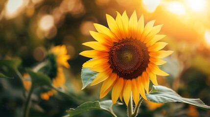 Fototapeta premium Single sunflower basks in the golden light of a summer sunset vibrant petals radiating warmth and serenity.