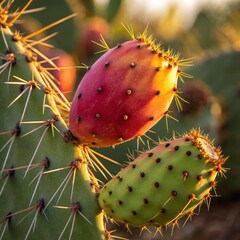 Golden Hour Prickly Pear Cactus Close-up Two Fruits, Macro Photography, Desert Plant, Nature, Opuntia Cactus, Prickly Pear