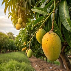 Golden Mango Orchard Close-up Composition, Lush Green Leaves, Ripe Fruit, Sunlight, Agricultural Scene Mango, Orchard
