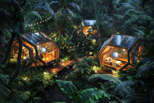 Illustrate a digital rendering showing a high-tech campsite from an unexpected aerial perspective Use photorealistic techniques to depict solar panels powering holographic displays amidst lush greener