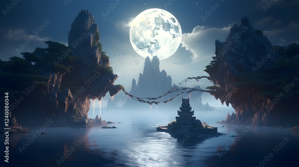 Poster dreamlike surreal scene with floating levitating islands suspended in a glowing ethereal sky against