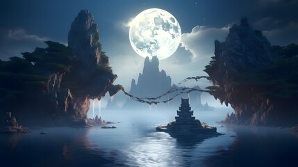 Dreamlike surreal scene with floating levitating islands suspended in a glowing ethereal sky against a backdrop of a luminous crescent moon  A serene