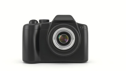  A simple 3D render of a camera icon, with a sleek black body and a silver lens, placed on a plain white background. The design is minimal yet professional, symbolizing photography.