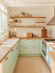 Light Green Kitchen With Wooden Shelves and Counters