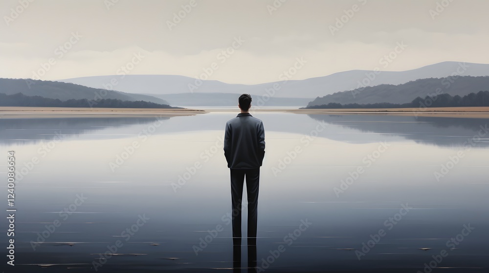 Poster a pensive figure gazing into the still mirror like surface of a tranquil lake reflecting a state of 