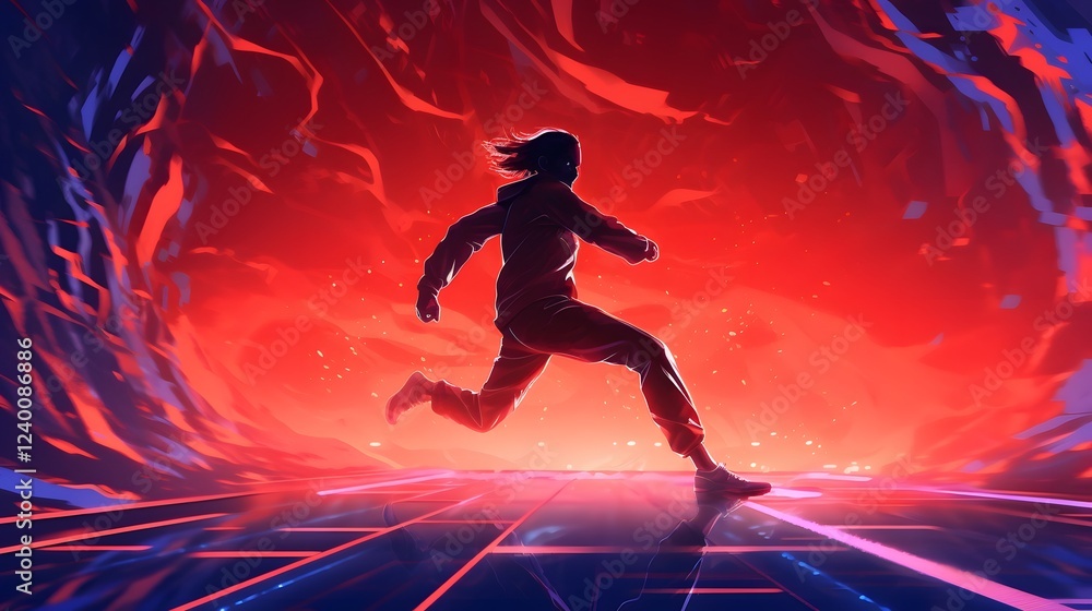 Poster exhilarating digital artwork featuring a mesmerizing display of vivid neon colors and energetic puls