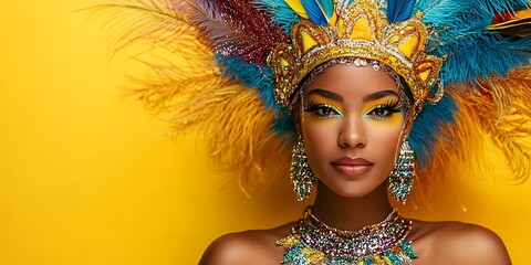 Woman wearing a colorful headdress and gold jewelry