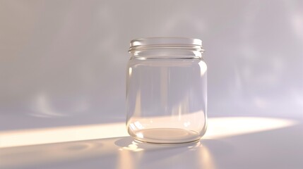 A clear glass jar with a smooth, reflective surface, sitting alone on a white background, illuminated by soft light that highlights its detailed contours.